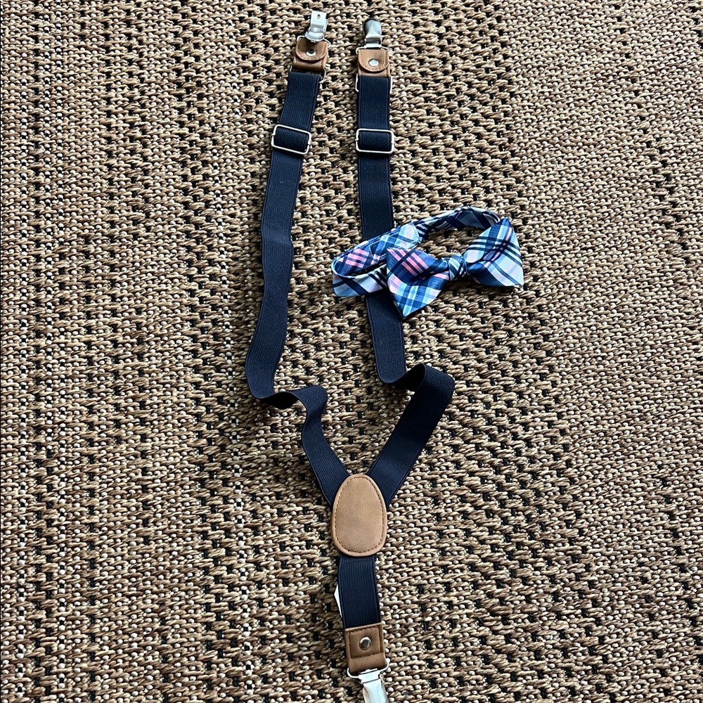 Blue Suspenders with Silver Clips and Bow Accent